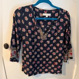 LOFT Navy Top with Pink and Yellow Floral Design